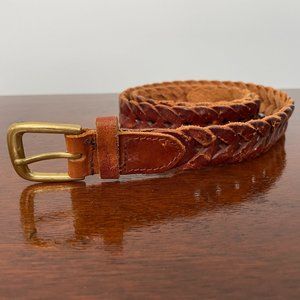 Vintage Braided Leather Belt 34" Soft & Worn In, Chestnut Color, Gold Buckle